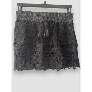 Girls Black Lace Scalloped Tiered Faux Leather Waistband Skort Mini Size 10-12yr